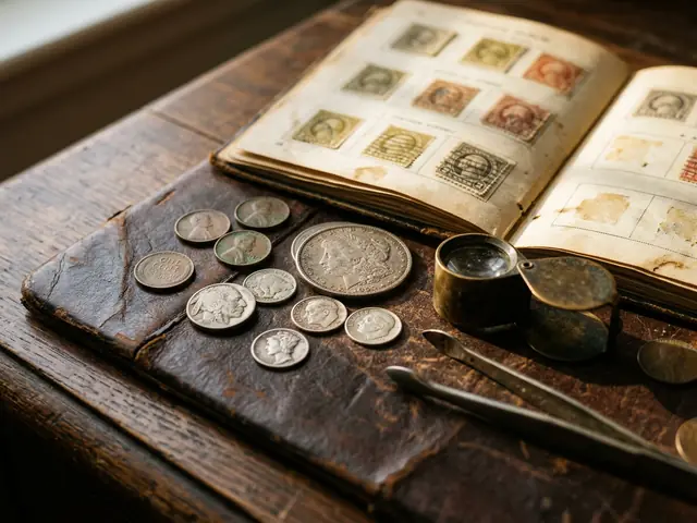 Old copper pennies, nickels and silver coins with a magnifying loupe