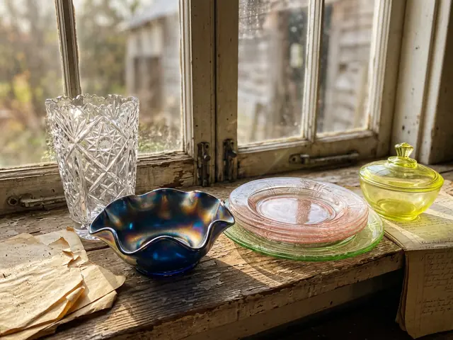 Cut crystal vase, carnival glass and depression glass on a windowsill