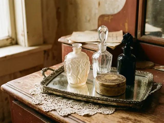 Antique French perfume bottles on a mirrored vanity tray