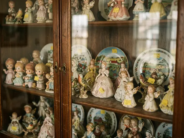 A china cabinet full of porcelain figurines with estate-sale stickers